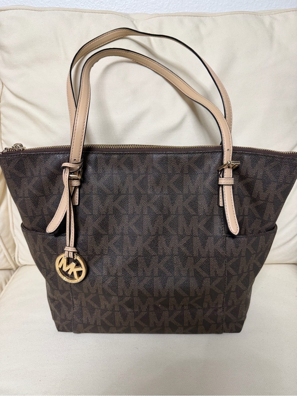 Michael Kors Brown MK Monogram Tote with Beige Handles